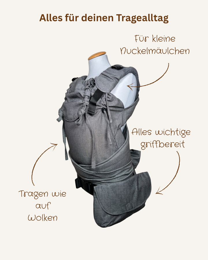 pure Grey ✨Kindgröße Bundle – Trage, Tasche & Gurtschoner im Set